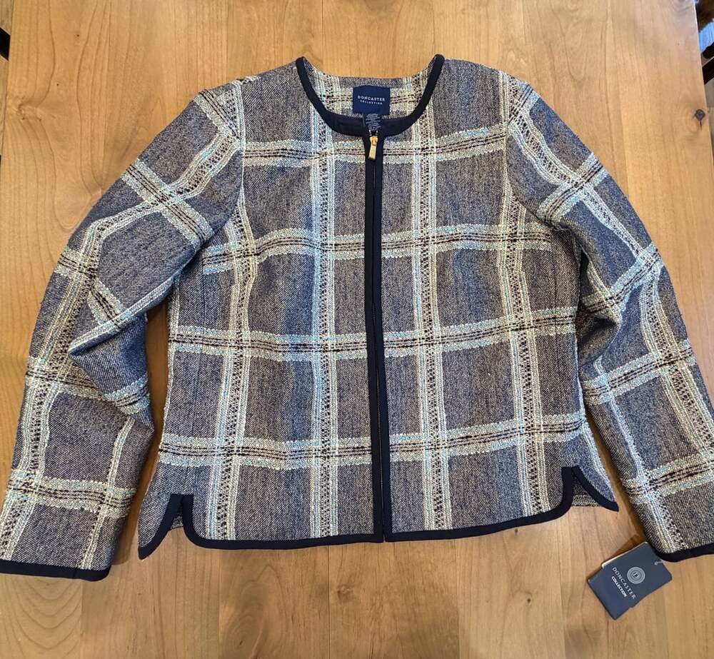 Doncaster Tweed Zip Jacket Size 12M Blue Plaid Check Silk Blend